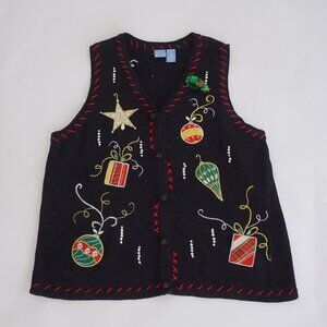 Vintage Holiday Editions Black Knit Beaded Ornament Christmas Sweater Vest 1X